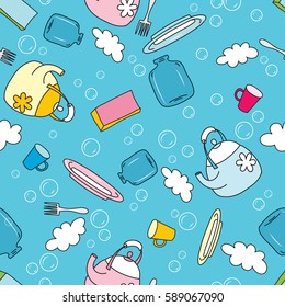 Clean dishes and a bowl of soapy water among the clouds and soap bubbles and feathers on blue background