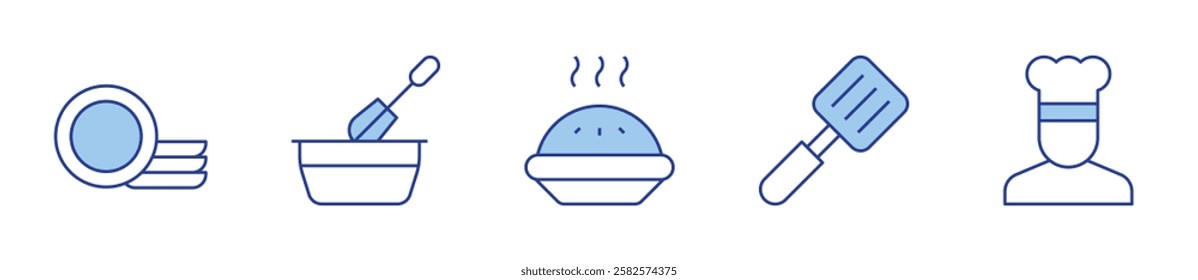 clean dishes, cooker, cooking, chef, apple pie. Cooking Icon vector illustration. Line Duotone style. Editable stroke.