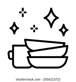 Clean dishes flat line icon. Shiny plate stack, wash kitchen utensil, pile tableware. Outline sign for mobile concept and web design, store.