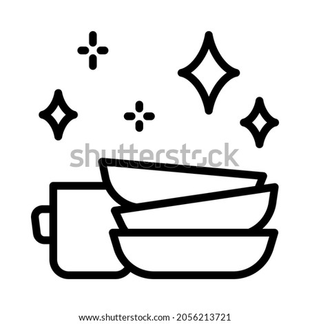 Clean dishes flat line icon. Shiny plate stack, wash kitchen utensil, pile tableware. Outline sign for mobile concept and web design, store.