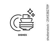 Clean dishes icon, shiny plate stack, wash kitchen utensil, pile tableware, thin line symbol on white background - editable stroke vector illustration.