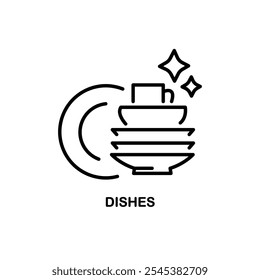 Clean dishes icon, shiny plate stack, wash kitchen utensil, pile tableware, thin line symbol on white background - editable stroke vector illustration.