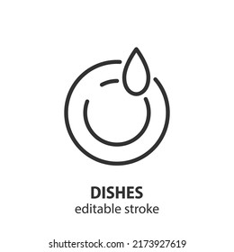 Clean dishes line icon. Plate with a drop of water. Vector symbol of cleanness. Editable stroke.