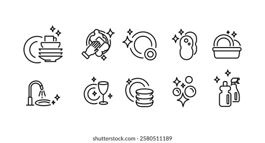 Clean dishes linear icon set. Clean dishes concept stroke symbol design. Thin graphic elements vector illustration, outline pattern on a white background,