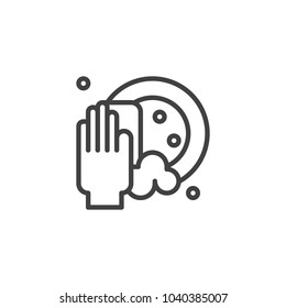 Clean dishes outline icon. linear style sign for mobile concept and web design. Hand holding sponge scrubbing the plate line vector icon. Symbol, logo illustration