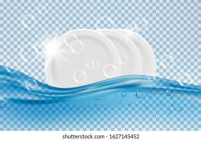 Clean dishes. White plates, water and soap bubbles vector illustration