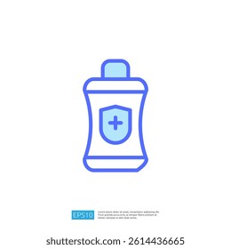 Clean and Disinfect Icon of a Sanitizing Liquid Bottle with a Protection Shield Symbol in Blue Color