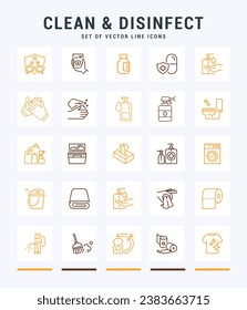 Clean and Disinfect line icons. Trendy stroke signs for website, apps and UI. Premium set of line icons. Outline isolated signs.