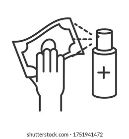 clean disinfection, alcohol spray cleaning money, disinfecting products, protection coronavirus disease line style icon vector illustration