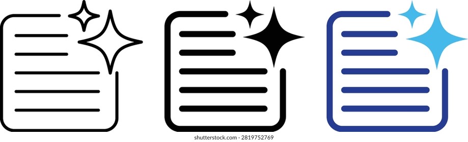 Clean document icon set. Document page with sparkle stars symbol for clear file, clean text, and draft enhancement. AI powered content generation. chatbot commands and smart writing