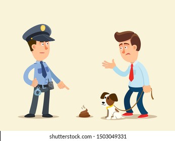 Clean up dog shit. Policeman talking with dog owner about fine penalty for not cleaning dog shit. Vector illustration, flat design, cartoon style. Isolated background.