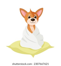 Clean dog in a towel. Cute cartoon dog. Dog in a towel after washing. Red dog sits on a pillow. Pet care.