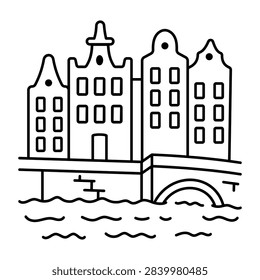 Clean doodle icon depicting a row of traditional narrow canal houses beside water, featuring varied gables and repeated facade windows.