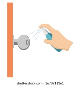 Clean The Doorknob With Alcohol Spray. Flat Design Vector.