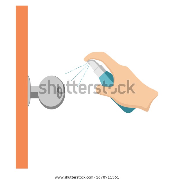 Clean the doorknob with alcohol spray. Flat\
design vector.