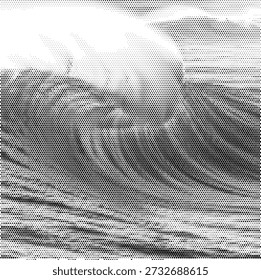 A clean dot pattern illustration of a perfect breaking wave. This classic design represents the ideal surf. Perfect for surf school logos, beach safety signs, water sports icons, and ocean preservation stickers. The halftone gradient adds volume and motion to the curve. Scalable vector graphic for versatile and symbolic marine designs.