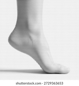 Una ilustración de patrón de puntos limpios que muestra el perfil lateral de un pie humano de pie. Este diseño representa equilibrio, bienestar y cuidado del cuerpo. Perfecto para cuadros de reflexología, logotipos de clínicas de podología y folletos de terapia de spa. El sombreado semitono proporciona una textura de piel realista y accesible. Gráfico de Vector escalable para marcas de identidad y elementos visuales profesionales y claros relacionados con la salud.