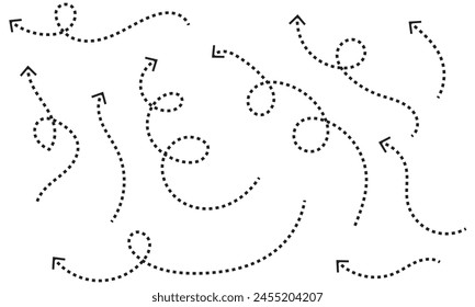Clean dot style hand drawn doodle arrows set. Clean dot arrows style doodle set hand drawn. Curve Dotted line, preliminary. isolated on white background vector collection
