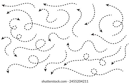 Clean dot style hand drawn doodle arrows set. Clean dot arrows style doodle set hand drawn. Curve Dotted line, preliminary. isolated on white background vector collection