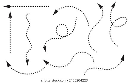 Clean dot style hand drawn doodle arrows set. Clean dot arrows style doodle set hand drawn. Curve Dotted line, preliminary. isolated on white background vector collection