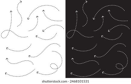 Conjunto de flechas de garabato dibujado a mano estilo punto limpio. Limpia las flechas de punto estilo doodle conjunto dibujado a mano. Curva Línea punteada, preliminar. aislada sobre fondo blanco y negro. ILUSTRACIÓN VECTORIAL . EPS 10 