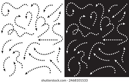 Clean dot style hand drawn doodle arrows set. Clean dot arrows style doodle set hand drawn. Curve Dotted line, preliminary.  isolated on white and black background. Vector illustration . EPS 10 