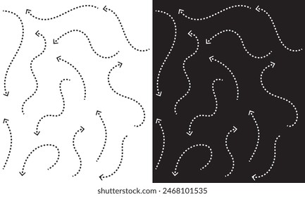 Clean dot style hand drawn doodle arrows set. Clean dot arrows style doodle set hand drawn. Curve Dotted line, preliminary.  isolated on white and black background. Vector illustration . EPS 10 