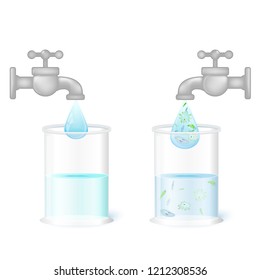 clean drinking (fresh) water and dirty water with germs (amoeba, infusoria, euglena and other microorganisms which pathogens of diseases of the gastrointestinal tract, dysentery). two glasses and tap