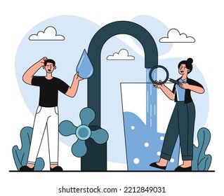 Clean Drinking Water. Man And Woman With Magnifying Glass Evaluate Liquid From Tap. Health Care And Scientific Research Concept. Poster Or Banner For Website. Cartoon Flat Vector Illustration