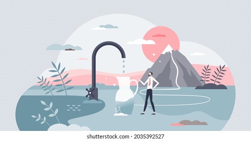Clean drinking water as natural mountain river resource tiny person concept. Fresh and clear filtered mineral drink from natural bio glaciers vector illustration. Premium quality stream H2O liquid.