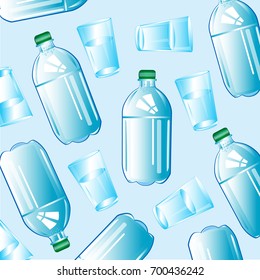 Clean drinking water in plastic bottle and glass