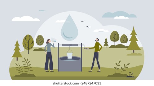 Agua potable limpia como recurso subterráneo puro concepto de persona pequeña. Pozo de agua dulce para la Ilustración vectorial subterránea de extracción de agua mineral. Hidratación con fuente de tierra clara y purificada.