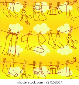 Clean & Dry Clothes Hanging on Clothes Line on Summer Day. Vector Illustration