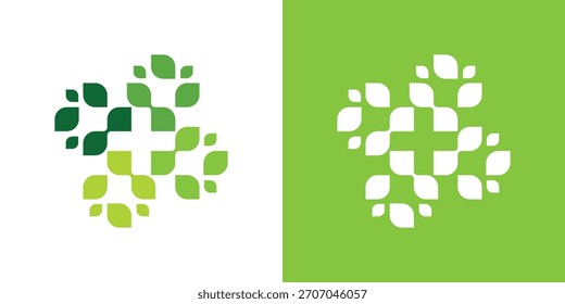 A clean dual-meaning logo combining a leaf with a medical plus, symbolizing natural health, wellness care, and eco-friendly medical solutions.