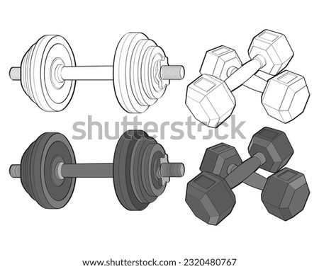 Clean dumbbells and free weights outline and color vector illustration set designed for fitness equipment product catalogs, ecommerce listings, and gym marketplace visuals. Isolated workout weights suitable for home gym branding, training materials, and commercial use.