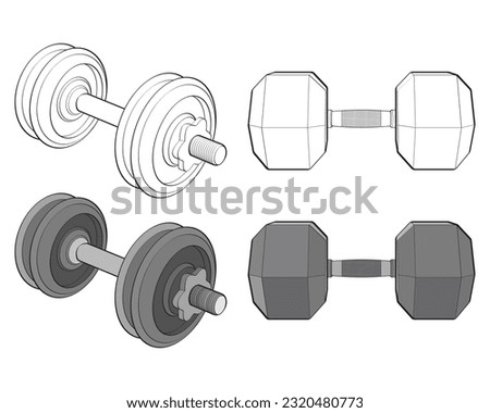 Clean dumbbells and free weights outline and color vector illustration set designed for fitness equipment product catalogs, ecommerce listings, and gym marketplace visuals. Isolated workout weights suitable for home gym branding, training materials, and commercial use.