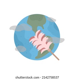 clean the earth from pollution. planet, feather duster, smoke. icons and symbols. care and love the earth. flat cartoon illustration. concept design. element