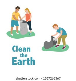 Clean the Earth poster. Retro styled vector layout. Teenagers pick up trash.