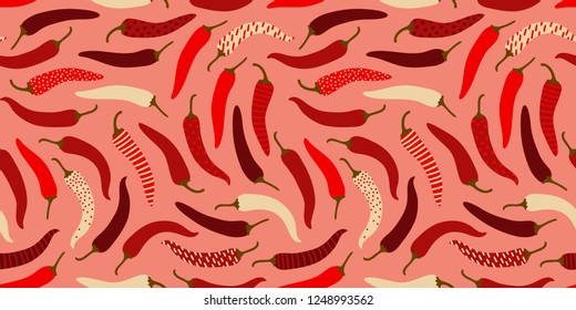 Clean easy going pepperoni peppers pattern, seamless vector repeat on plain warm background. Trendy flat illustration style. Great for textiles, paper and other surfaces.
