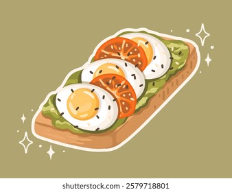 Clean Eating: Healthy Avocado Toast with Egg and Tomatoes. Vector.