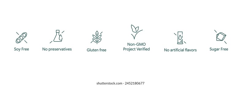 Clean Eating Icon: Soy-Free, Preservative-Free, Gluten-Free, GMO-Free, No Artificial Flavors, Sugar-Free Vector Design