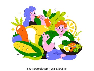 Ilustração de vetor de alimentação limpa com vegetais orgânicos frescos e frutas para uma dieta diária saudável e estilo de vida equilibrado em um plano de fundo