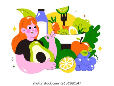 Clean Eating Vektorgrafik mit frischem Bio-Gemüse und Obst für eine gesunde tägliche Ernährung und ausgewogenen Lebensstil auf flachem Hintergrund