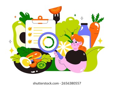 Ilustração de vetor de alimentação limpa com vegetais orgânicos frescos e frutas para uma dieta diária saudável e estilo de vida equilibrado em um plano de fundo