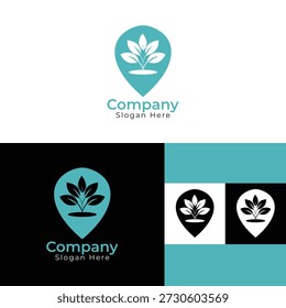Logotipo ecológico limpo com símbolo de pino de localização interior da planta, adequado para empresas ambientais, start-ups ecológicas, marcas orgânicas, serviços ecológicos e identidade empresarial sustentável.