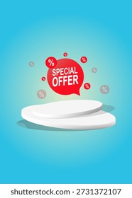 Clean ecommerce illustration with a double level pedestal and floating sale tags to highlight new store promotions.