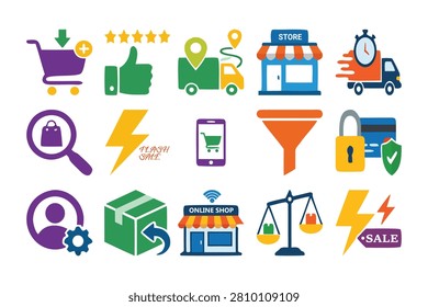 Clean ecommerce shopping icon set showcasing online stores carts products purchases customers retail marketplace and browsing essentials.
