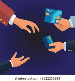 Clean e-commerce vector with credit card swipe and instant purchase exchange between digital hands
