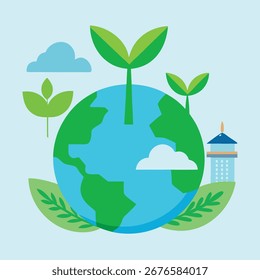 A clean eco-themed design featuring a globe with green leaves and renewable energy symbols, ideal for promoting sustainability, environmental campaigns, eco projects, and green branding.