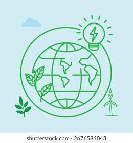 A clean eco-themed design featuring a globe with green leaves and renewable energy symbols, ideal for promoting sustainability, environmental campaigns, eco projects, and green branding.